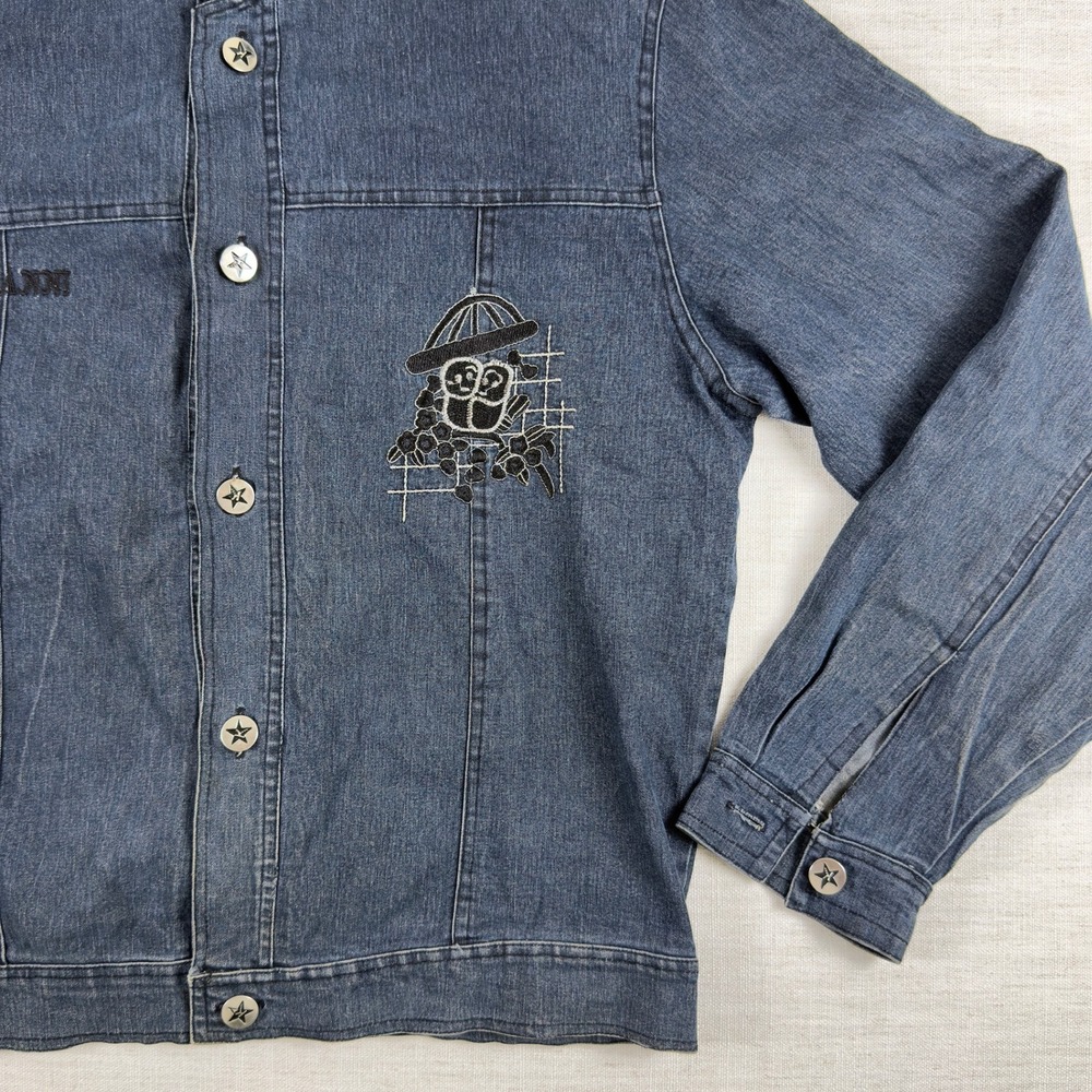 HY Blue Denim Jacket Embroidered Star Buttons Vintage Style Trucker Coat